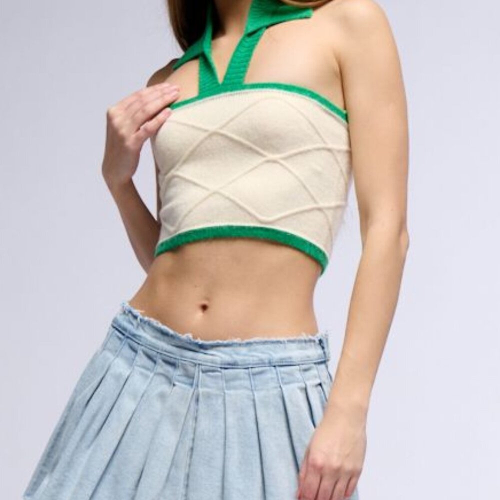 Miz Rugby: Cream & Green Halter Neck Cut Out Cold Sweater Cropped Sweater Top S